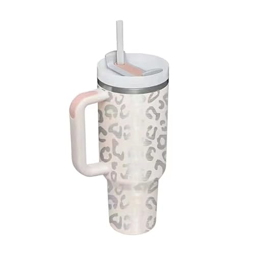 40 oz Leopard Tumbler with Handle and Straw Insulated Tumblers with Lid and Straw 40oz Cup Stainless Steel Car Mug with Outdoor Sports Travel Gifts 2st (Leopard Print Pink) - Leopard rose quartz - 40oz