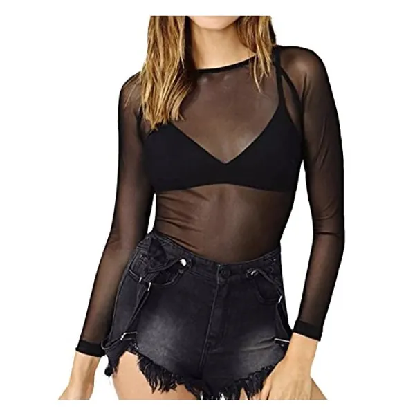 Petalum Women Sexy Clubwear Mesh Sheer See Through Long Sleeve Plain Tops Shirts Transparent Blouse