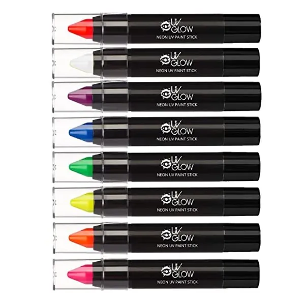 UV Glow - Neon UV Paint Stick/Face  Body Crayon - Set of 8 Colours. Genuine and original UV Glow product - glows brightly under UV Light!