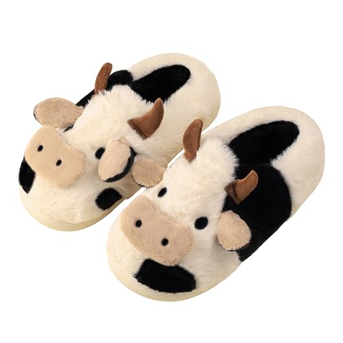 Gaolinci Cartoon Cow Cotton Slippers, Winter Indoor Outdoor Slippers for Women