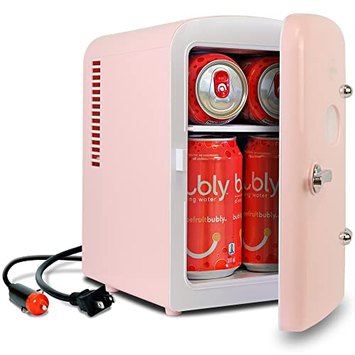 Koolatron Retro Mini Portable Fridge, 4L Compact Refrigerator for Skincare, Beauty Serum, Face Mask, Personal Cooler, Includes 12V and AC Cords, Desktop Accessory for Home Office Dorm Travel, Pink
