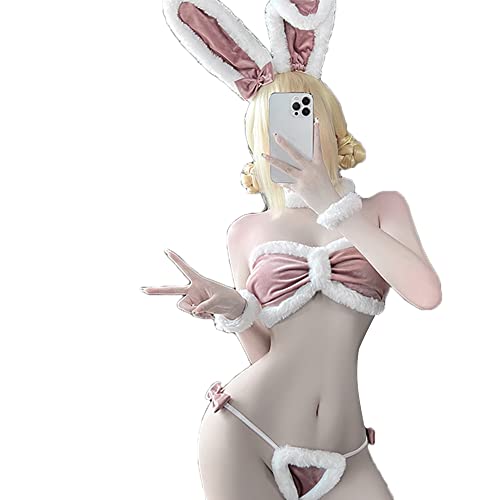 JasmyGirls Sexy Bunny Cosplay Dessous Naughty Maid Kostüm Kawaii Anime Micro Bikini Babydoll Outfit Pelzigen Samt BH Panty Set