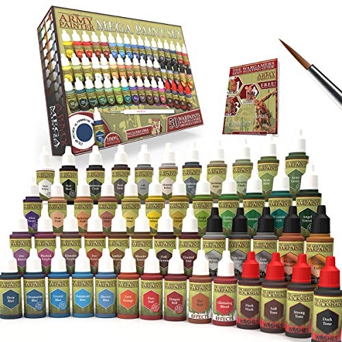 The Army Painter Warpaints Mega Paint Set with Bonus Item - Miniature Painting Kit with Wargamer Regiment Miniatures Paint Brush - Miniature Paint Set for Miniature Figures, 50 Nontoxic Model Paints - Paint set + Brush + Bonus Item