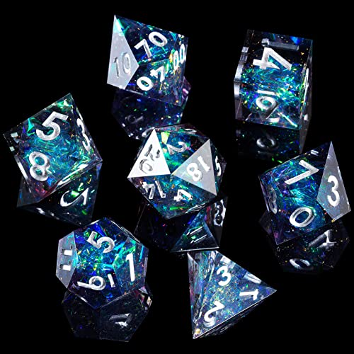 MINI PLANET DND Dice Set DND Dice Set 7PCS D&D Dice Set Sharp Edges DND Dice Set TTRPG DND Dice Set Handmade Resin DND Dice Set with Sharp Edges and Inclusions Galaxy Blue - Galaxy Blue