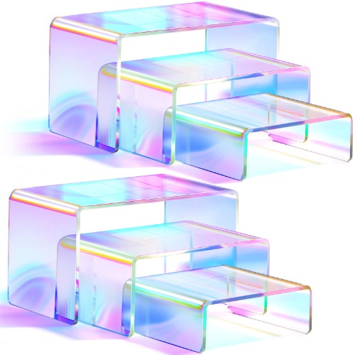 6 Pack Iridescent Acrylic Display Risers Rainbow Acrylic Display Stands 3 Tiered Rectangle Tabletop Rainbow Shelf Showcase Fixtures for Dessert Cupcake Candy Treat Action Figure Display