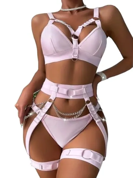 Alrovetoney Sexy Lingerie for Women Lingerie Set With Garter Belt 5 Pieces Strappy Bra and Panty Set Adjustable - Small - Pink