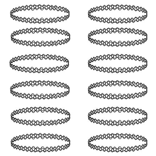 BodyJ4You 12PC Tattoo Choker Necklace Set - 90s Accessories 80s Old School 2000s Jewelry - Pink Blue Green Colorful Rainbow Gothic Black - One Size Women Teen Girl - Stretchy Multicolor Collar - Black