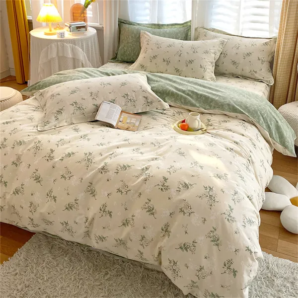 Skin Friendly Cotton Duvet Cover Set Green Small Flowers Bed Linen Set Country House Girl Duvet Cover with Pillowcase Customized Size