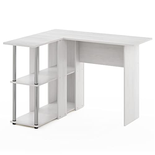 Furinno Abbott L-Shape Desk with Bookshelf, White Oak/Chrome