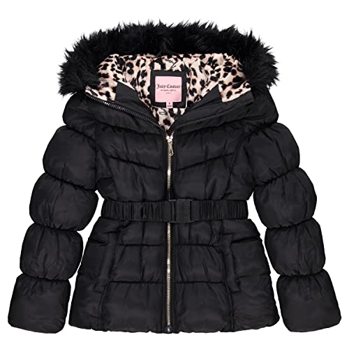 Juicy Couture Girls Puffer Jacket, Laminated Bubble Kids Coat with Fur Hoodie - 10-12 - Blka
