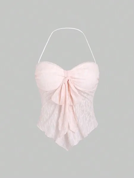 SHEIN MOD Women's Summer Solid Front Tie Halter Neck Crop Cami Top