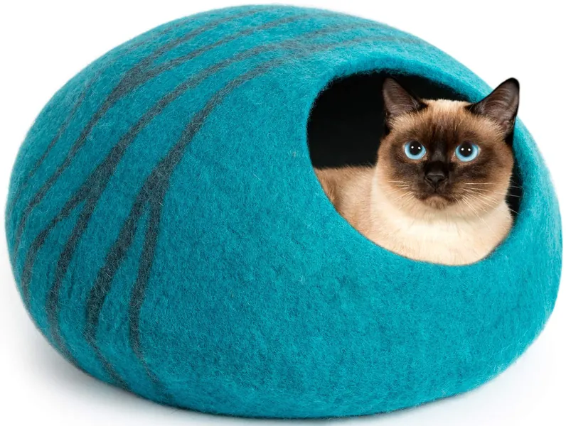 MEOWFIA Premium Cat Bed Cave (Large) - Eco Friendly 100% Merino Wool Beds for Cats and Kittens - Large Aquamarine