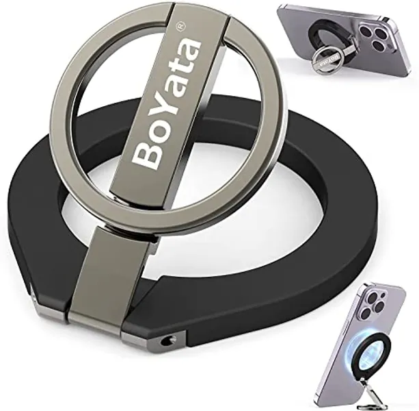 BoYata Magnetic Phone Ring Holder, 360° Rotating Phone Grip for MagSafe, Adjustable Finger Ring Stand Compatible for iPhone 12/13/14/15, iPhone Series & Android Devices Use with Iron Ring-Black