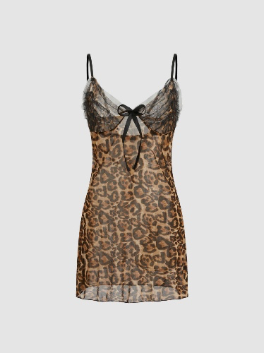 Mesh V-Neck Leopard Lace Bowknot Mini Nightdress