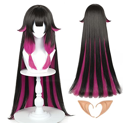 Black Mixed Pink Wig for Colombina Cosplay Wig Girls Women Anime Long Damselette Cosplay Wig with Bangs Layered Halloween Party Costume for Kids Adults + Cap - Black Pink Layered