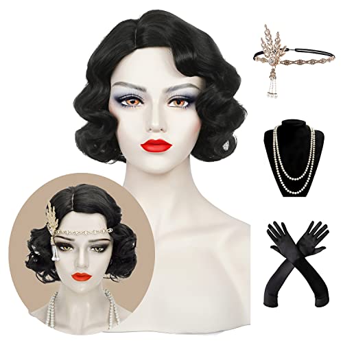 1920s Finger Wave Wig Women Black 30s Vintage Flapper Wig Lady Rockabilly Short Curly Wig Halloween Party Cosplay Costume Synthetic Hair + Wig Cap - Black