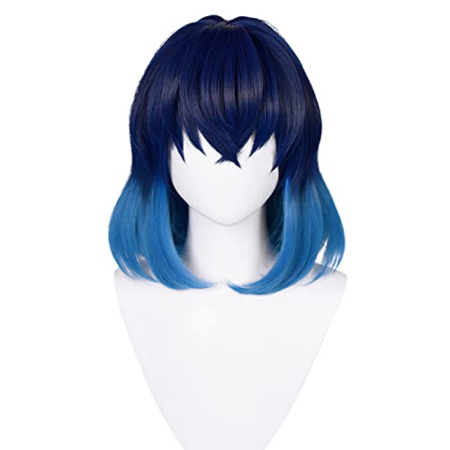 Dark Blue Wig for Inosuke Cosplay Costume Unisex Anime DS Short 2 Tone Wig for Halloween Party + Cap - Dark Blue
