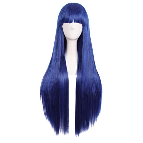 MapofBeauty 32" 80cm Long Straight Anime Cosplay Wig Party Wig (Dark Blue/Black) - Dark Blue/Black