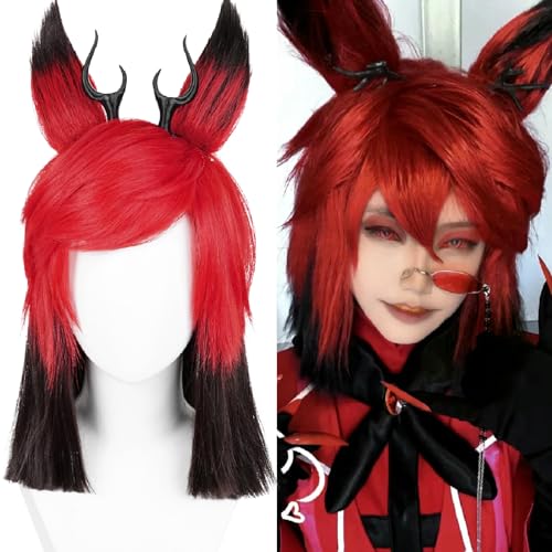 Short Red Brown Cosplay Wig + Detachable Ears Deer Antlers, Shoulder Length Synthetic Hair Wig with Side Part Bangs + Wig Cap for Halloween Anime Radio Demon Costume Party - Red Brown-15inch