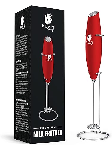 Bean Envy Milk Frother Handheld for Coffee - Electric Hand Blender, Mini Drink Mixer Whisk & Coffee Foamer Wand with Stand for Lattes, Cappuccino, Matcha and Hot Chocolate - Kitchen Gifts - Red - Red