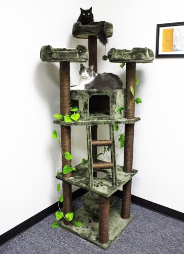 CozyCatFurniture 75" Extra Tall Cat Tree Tower Condo with Green Leaves - 75" - Brown
