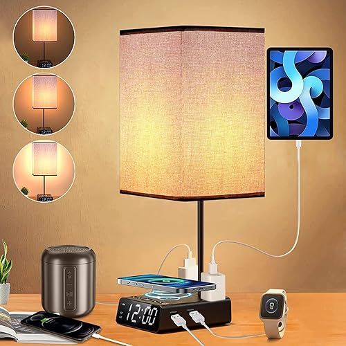 Bedside Lamp with USB Ports & AC Outlets, 15W Wireless Charger Table Lamp with Clock, 3 Way Dimmable Nightstand Lamps for Bedroom Living Room,Touch Lamp with Charging Station,Grey Shade & Black Base - Square