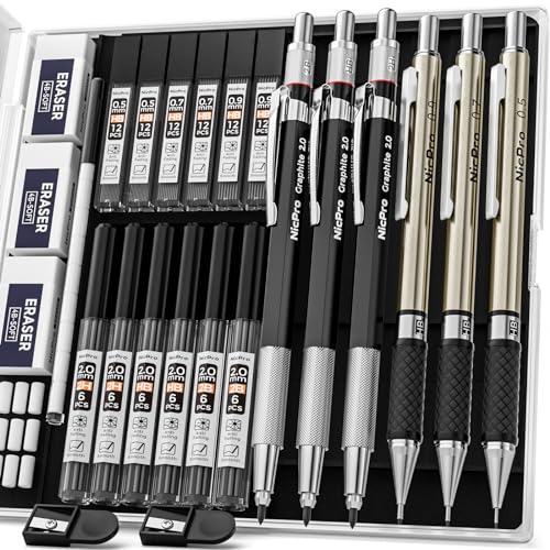 Nicpro 6PCS Art Mechanical Pencils Set, 3PCS Metal Drafting Pencil 0.5 mm & 0.7 mm & 0.9 mm & 3PCS 2mm Graphite Lead Holder (2B HB 2H) For Writing, Sketching Drawing With Lead Refills Case - Silver