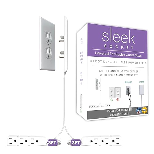 Sleek Socket Original & Patented Ultra-Thin Standard Outlet Concealer with Cord Concealer Kit, Dual 3-Foot Cord with 3 Outlet Power Strip, For Kitchen Countertops with Appliances on Both Sides - 6ft - Standard Outlet