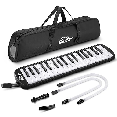 Eastar 37 Keys Melodica Instrument, Soprano Melodica Air Piano Keyboard Pianica with 2 Soft Long Tubes, Short Mouthpieces, Carrying Bag, Black - 37 Key - Black