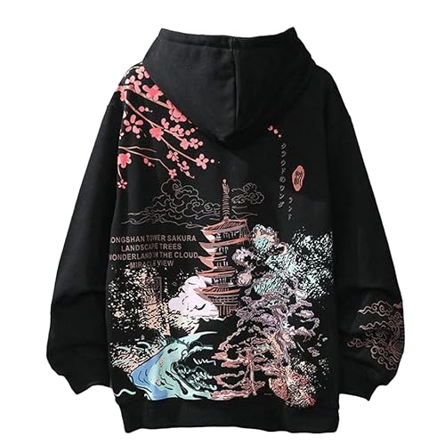 Women Men Aesthetic Japanese Sakura Hoodie, Y2K Anime Harajuku Cloth Korean Hooded Long Sleeve Sweatshirt for Winter Fall - Medium - Black