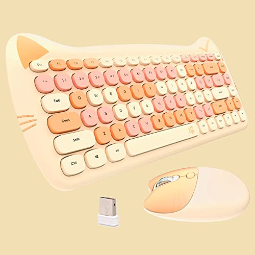 Cute Cat 2.4G USB Wireless Keyboard and Mouse Combo, Silent Keys, Candy Colors, Compatible with Notebook, PC (MilkTea-84Keys) - MilkTea-84Keys
