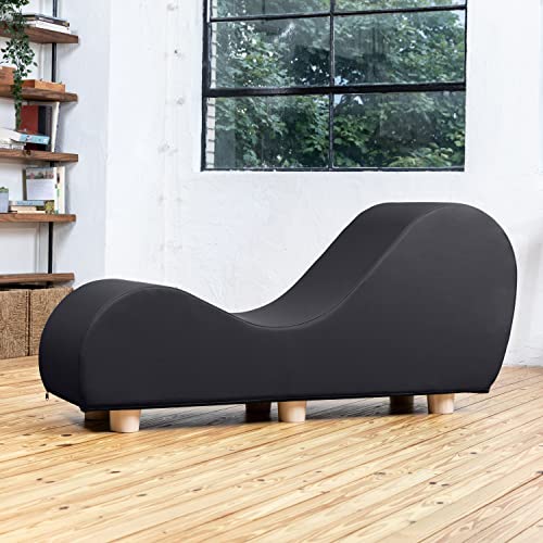 Avana Chaise Lounge Chair for Stretching and Relaxation, Maple Wood Feet, Faux Leather - Black - Faux Leather - Black