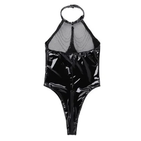 Damen Wetlook BodyLeder Bodysuit Brust Harness PU Leder Halsband mit Kette Erotik String Body Unterwäsche Gogo Unterwäsche Clubwear mit Neckholder