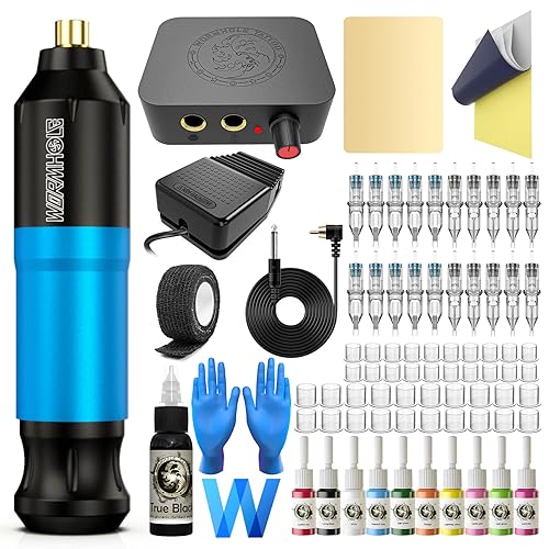 Tattoo Kit Wormhole Tattoo Gun Kit Tattoo Pen Kit Rotary Tattoo Machine Kit with Tattoo Power Supply and Tattoo Cartridge Needles Complete Tattoo Kit for Beginners (WTK093) Blue - Blue