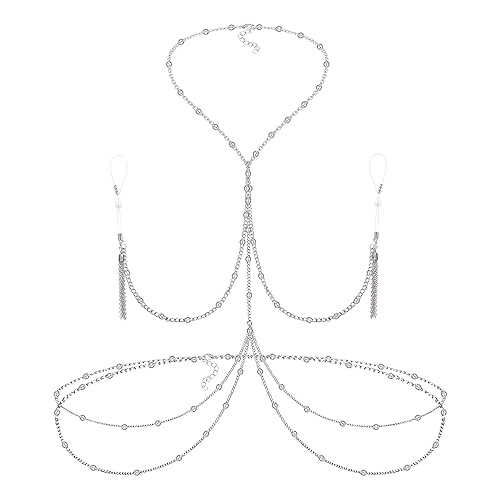 QWALIT Nipple Ring Stainless Steel Non Piercing Nipple Rings Nipplerings with Choker Chain Faux Body Piercing Jewelry for Women - D-with waist chain