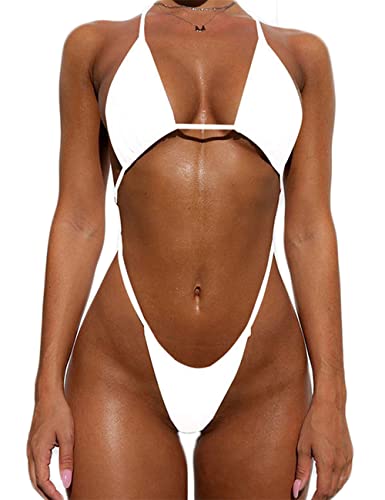 YIMISAN Women's Sexy One Piece Sling Bikini High Cut Cheeky Swimsuit Thong Bathing Suits - White - Small
