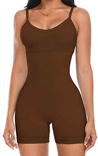 OLCHEE Womens Workout Rompers Yoga Jumpsuits - One Piece Seamless Unitrads Bodysuit Shorts Spaghetti Strap Onesies Gym - Brown - Small