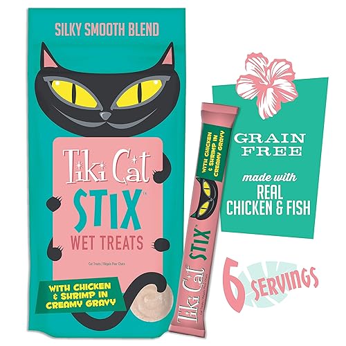 Tiki Cat Stix Wet Treats, Grain Free Lickable Mousse with Chicken & Shrimp in Creamy Gravy 6 Count (Pack of 1) - Chicken & Shrimp - 6 Count (Pack of 1)