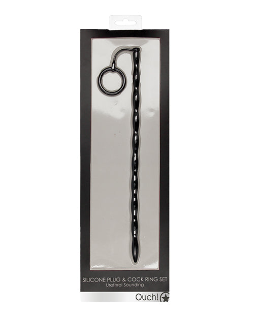 Shots Ouch Urethral Sounding Silicone Plug &amp; Cock Ring Set - Black