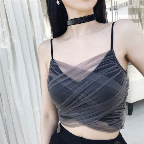 'Fae' Grey / Black Grunge Mesh Overlay Cami Top - GRAY / M