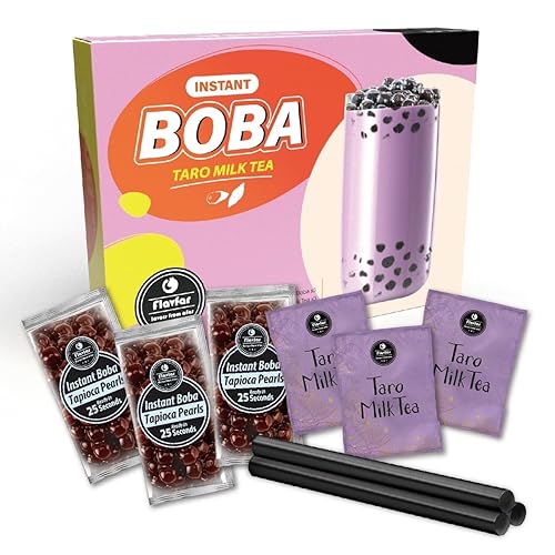 Flavfar Instant Boba Bubble Taro Milk Tea Kit with Delicious Tapioca Boba | Ready in Just 25 Seconds | The Ultimate Bubble Tea Kit with Boba Straws for Gifting - 3 Servings - Taro - 3 pack