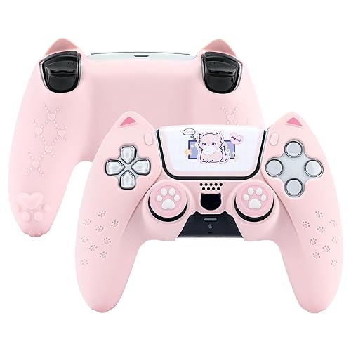 GeekShare Pink Cat Paw PS5 Controllers Skin Grips Set Anti-Slip Silicone Skin Protective Cover Case Joystick Caps for PS5 Wireless Controller Accessories Kit - Pink