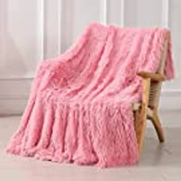 Decorative Extra Soft Faux Fur Blanket Queen Size 78" x 90",Solid Reversible Fuzzy Lightweight Long Hair Shaggy Blanket,Fluffy Cozy Plush Fleece Comfy Microfiber Fur Blanket for Couch Sofa Bed,Pink
