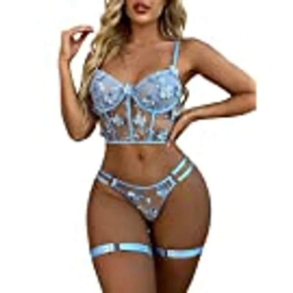SOLY HUX Women's Floral Embroidered Mesh Underwire Bra and Panty Sexy Lingerie Set