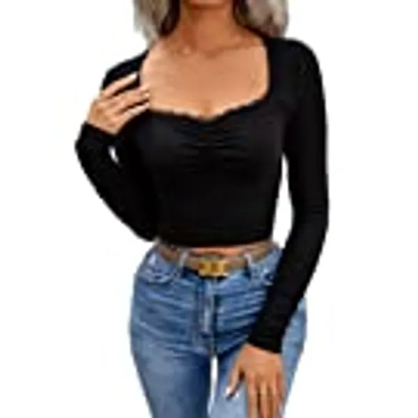 SOLY HUX Womens Ribbed Knit Long Sleeve Crop Tops T Shirts Ruched Lace Trim Sweetheart Basic Fitted Tees