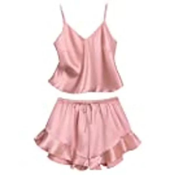 SOLY HUX Women's Sexy Silk Satin Ruffled Pajamas Sets Cami Shorts Sets Sleepwear