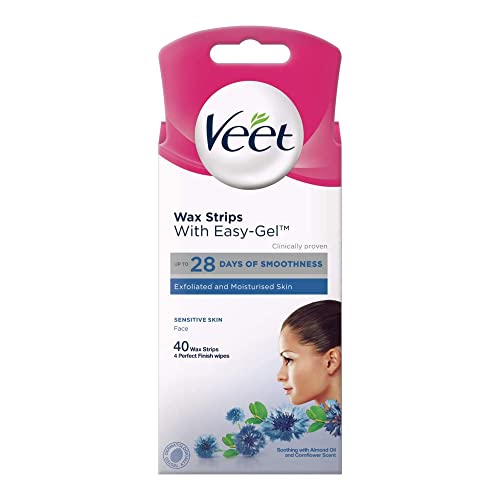 Veet Cold Wax Strips, Hair Removal, Face, Sensitive Skin, 40 Strips each, 4 Finish Wipes - Wax Strips