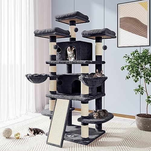 Allewie 68 Inches Cat Tree House with Condo, Scratching Post, and Multi-Level Towers for Cats - Smokey Grey - Smoky Grey