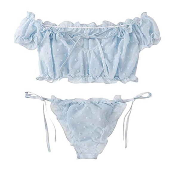 Women's 2 Piece Off-Shouder Lingerie Set Lace Cami Top with Shorts with Panties Sexy Lace Bow Pajama Set