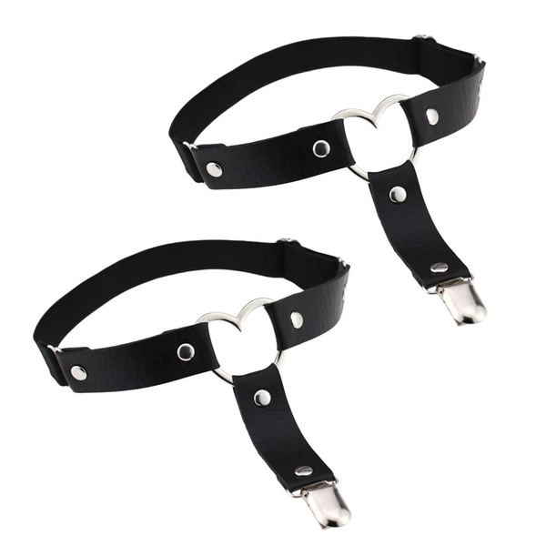 Women Girl Faux Leather Thigh Garter, 2pcs Adjustable Punk Gothic Heart-Shape Leg Garter Belt with Metal Anti-Slip Clips, Black